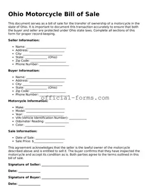 Official Ohio Motorcycle Bill of Sale Document