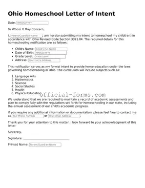 Official Ohio Homeschool Letter of Intent Document