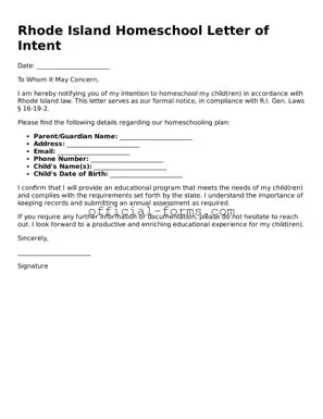 Official Rhode Island Homeschool Letter of Intent Document