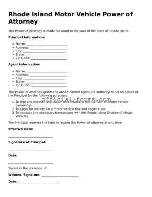 Official Rhode Island Motor Vehicle Power of Attorney Document