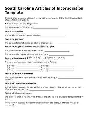 Official South Carolina Articles of Incorporation Document