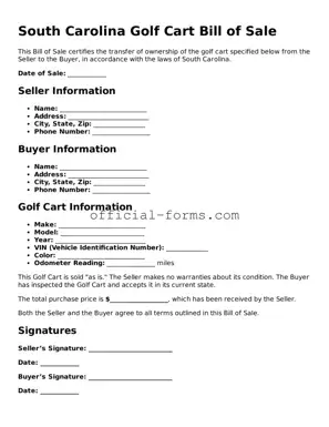 Official South Carolina Golf Cart Bill of Sale Document