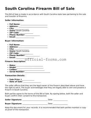 Official South Carolina Firearm Bill of Sale Document