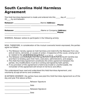 Official South Carolina Hold Harmless Agreement Document
