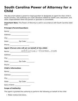 Official South Carolina Power of Attorney for a Child Document