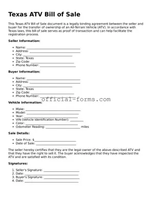 Official Texas ATV Bill of Sale Document