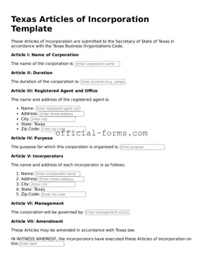 Official Texas Articles of Incorporation Document