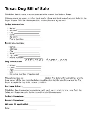 Official Texas Dog Bill of Sale Document