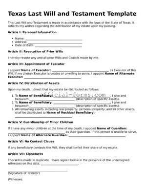 Official Texas Last Will and Testament Document
