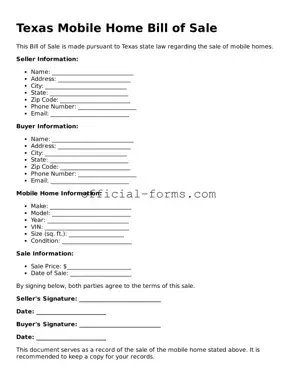 Official Texas Mobile Home Bill of Sale Document