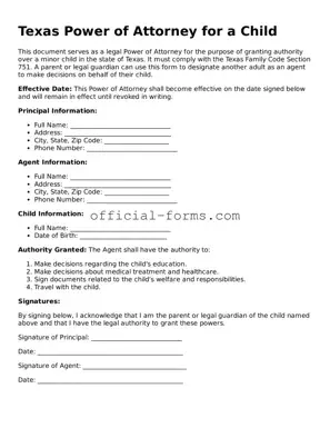 Official Texas Power of Attorney for a Child Document