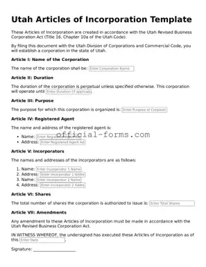 Official Utah Articles of Incorporation Document