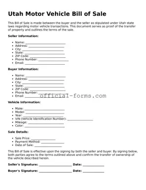 Official Utah Motor Vehicle Bill of Sale Document
