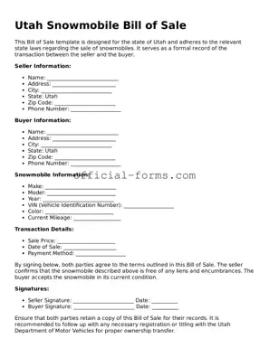 Official Utah Snowmobile Bill of Sale Document