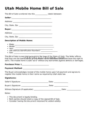 Official Utah Mobile Home Bill of Sale Document