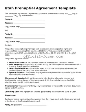 Official Utah Prenuptial Agreement Document