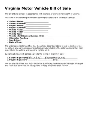 Official Virginia Motor Vehicle Bill of Sale Document