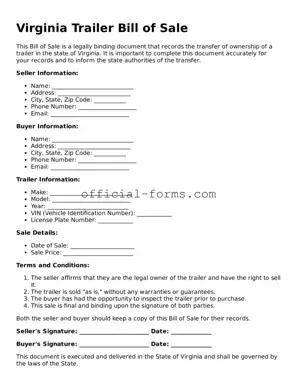 Official Virginia Trailer Bill of Sale Document