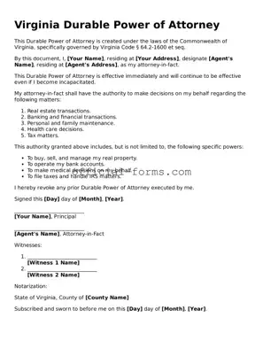 Official Virginia Durable Power of Attorney Document