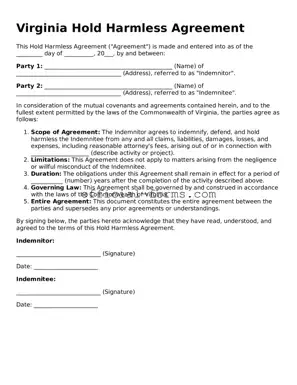Official Virginia Hold Harmless Agreement Document