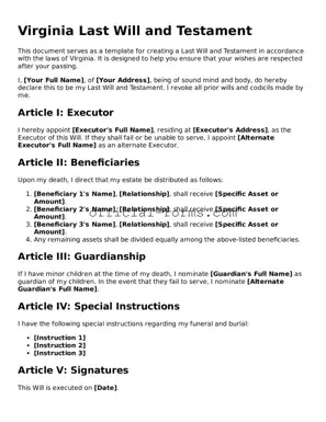 Official Virginia Last Will and Testament Document