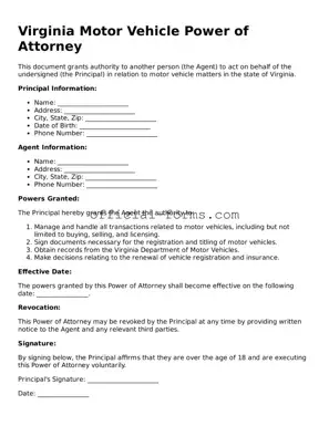 Official Virginia Motor Vehicle Power of Attorney Document
