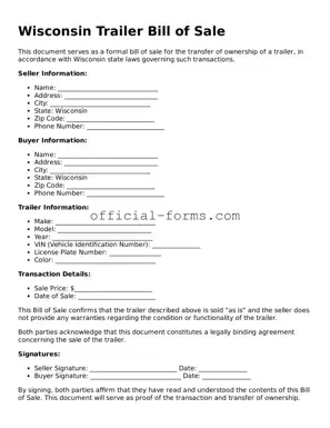 Official Wisconsin Trailer Bill of Sale Document