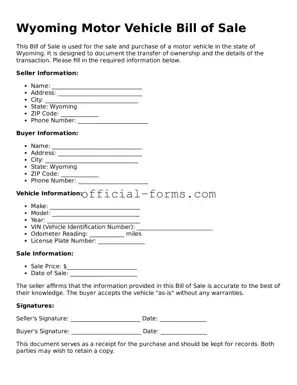 Official Wyoming Motor Vehicle Bill of Sale Document