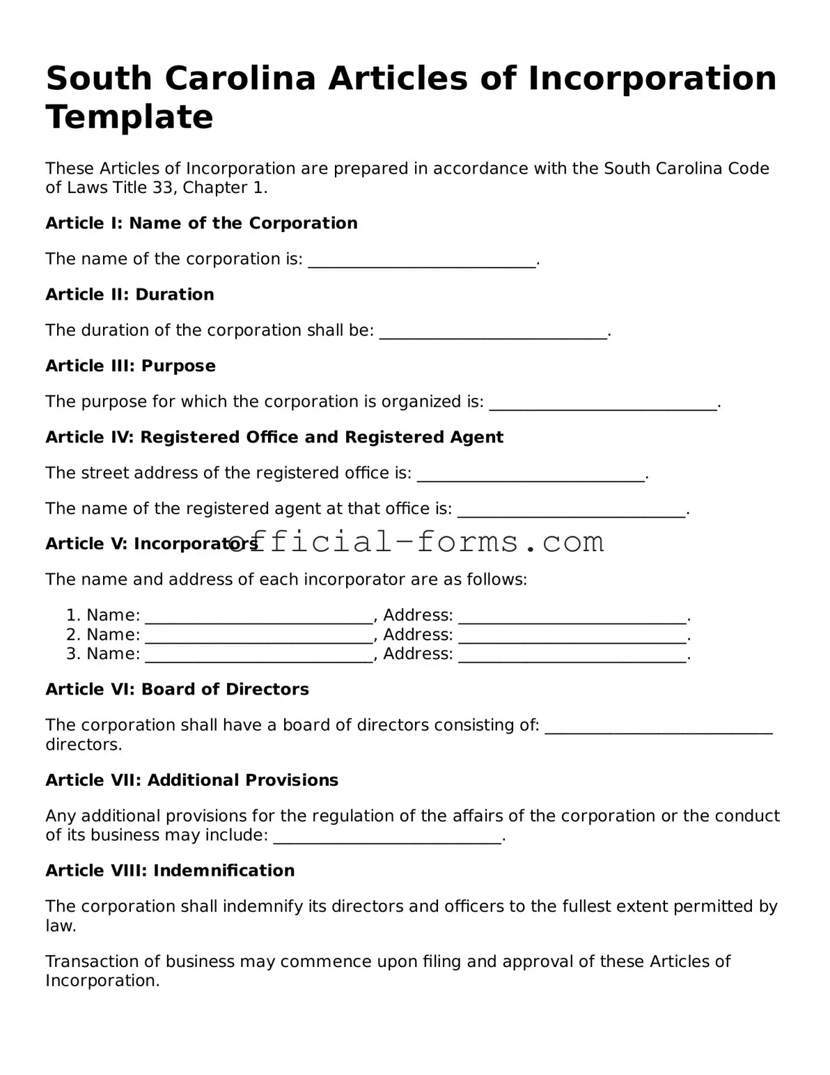 Official South Carolina Articles of Incorporation Document