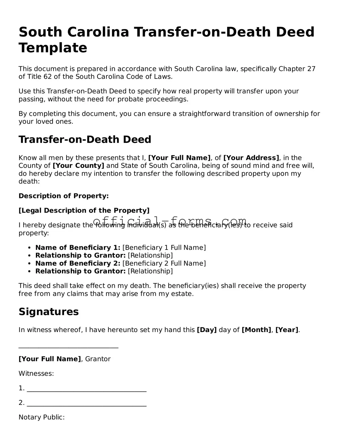 Official South Carolina Transfer-on-Death Deed Document