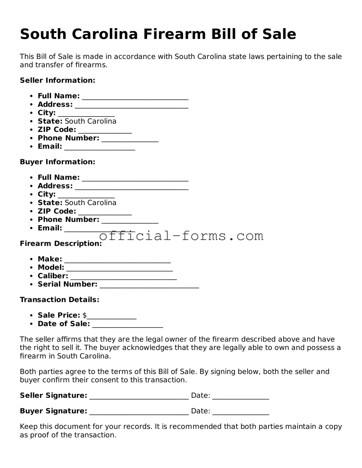 Official South Carolina Firearm Bill of Sale Document