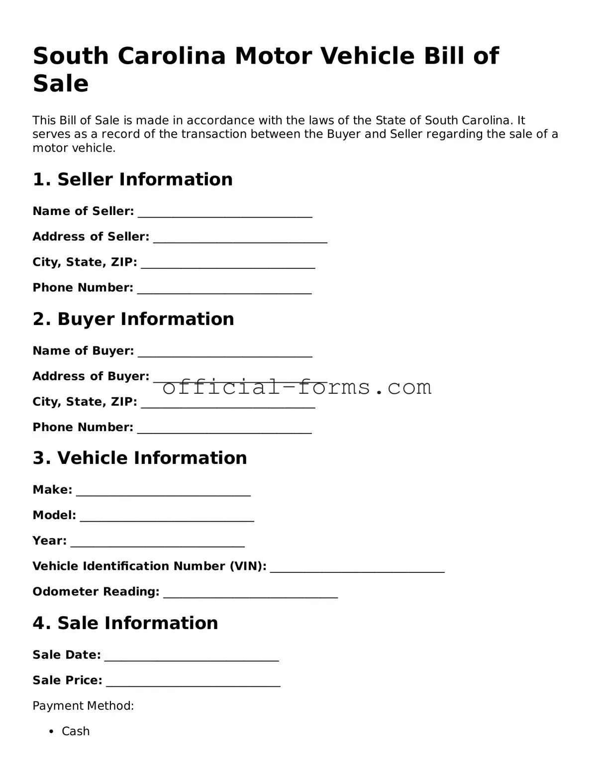 Official South Carolina Motor Vehicle Bill of Sale Document
