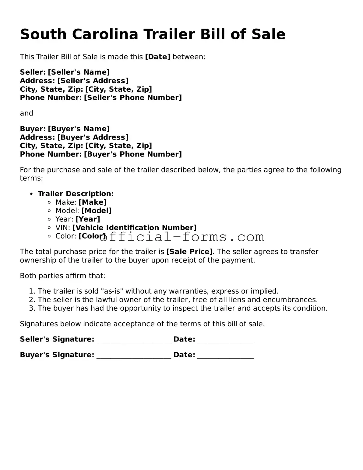 Official South Carolina Trailer Bill of Sale Document