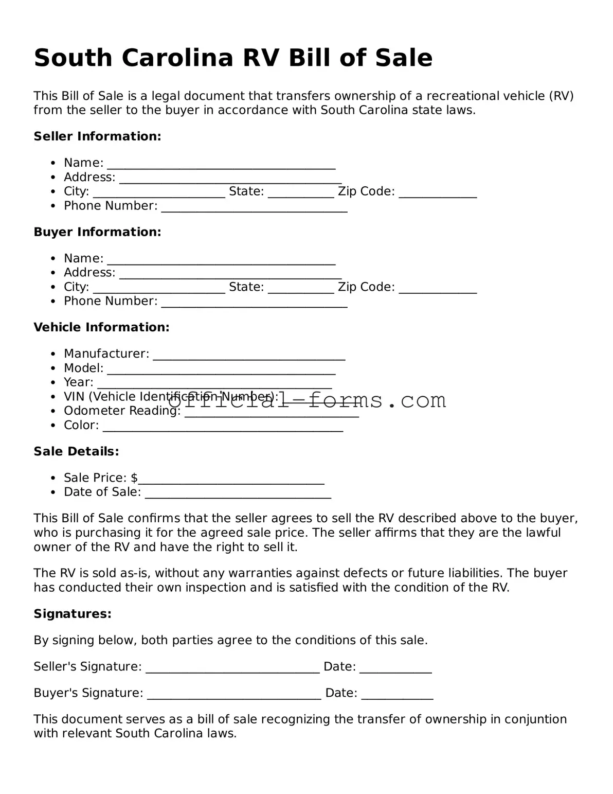 Official South Carolina RV Bill of Sale Document