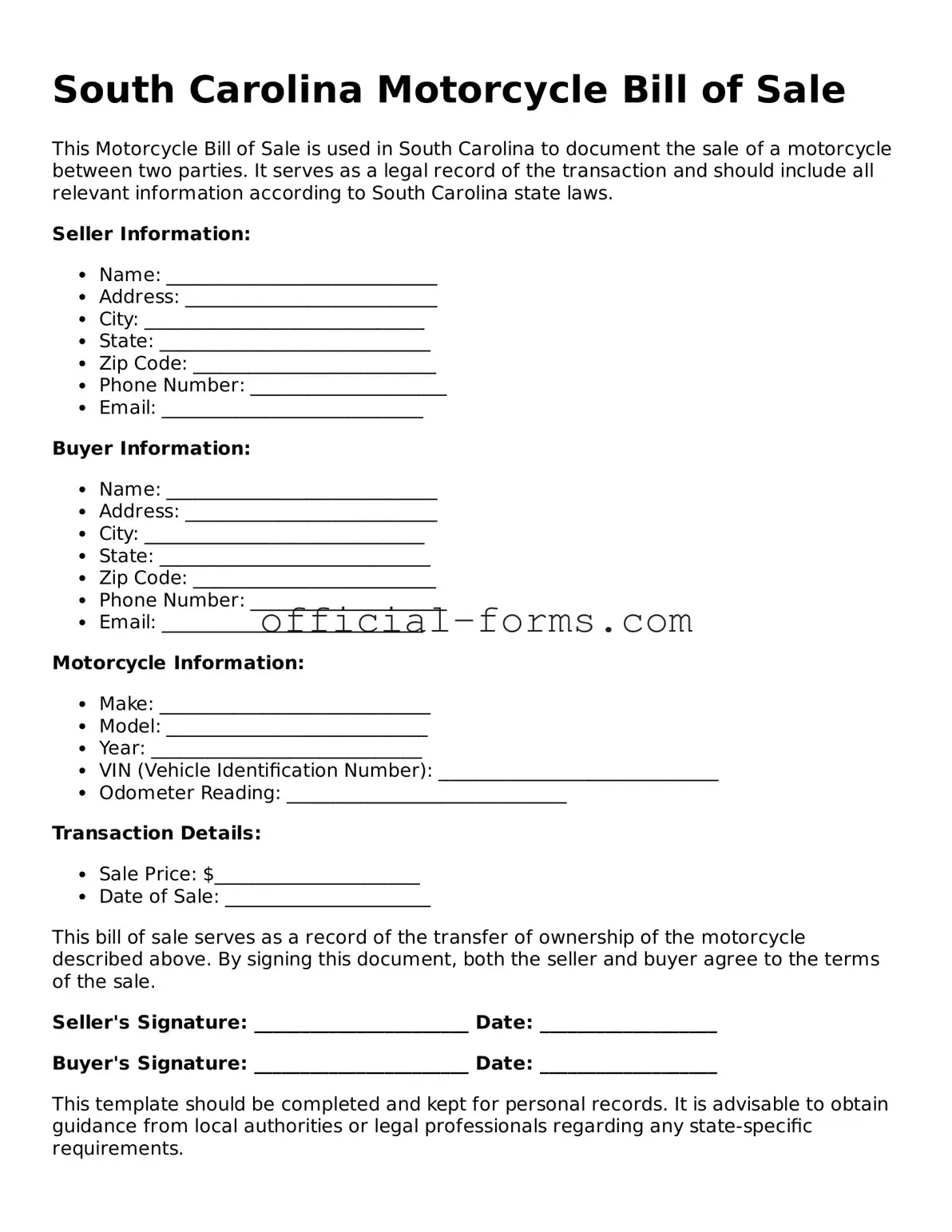 Official South Carolina Motorcycle Bill of Sale Document