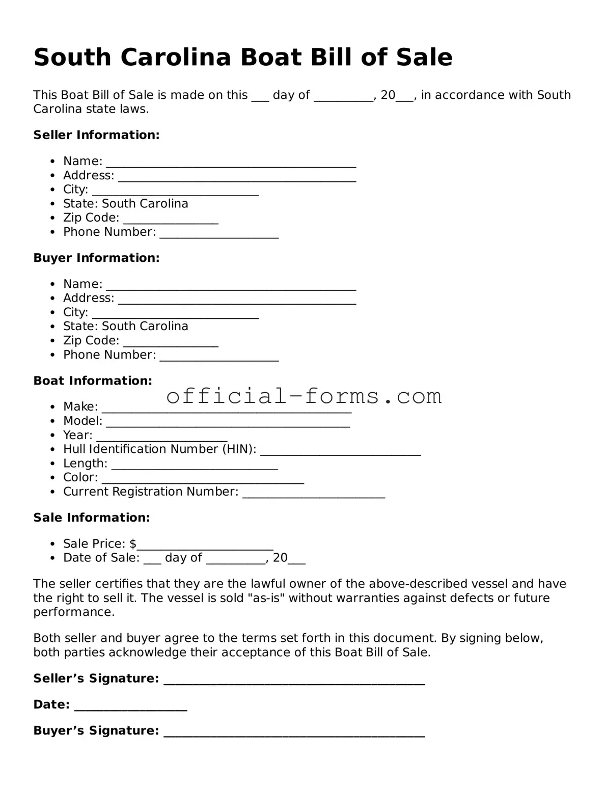 Official South Carolina Boat Bill of Sale Document
