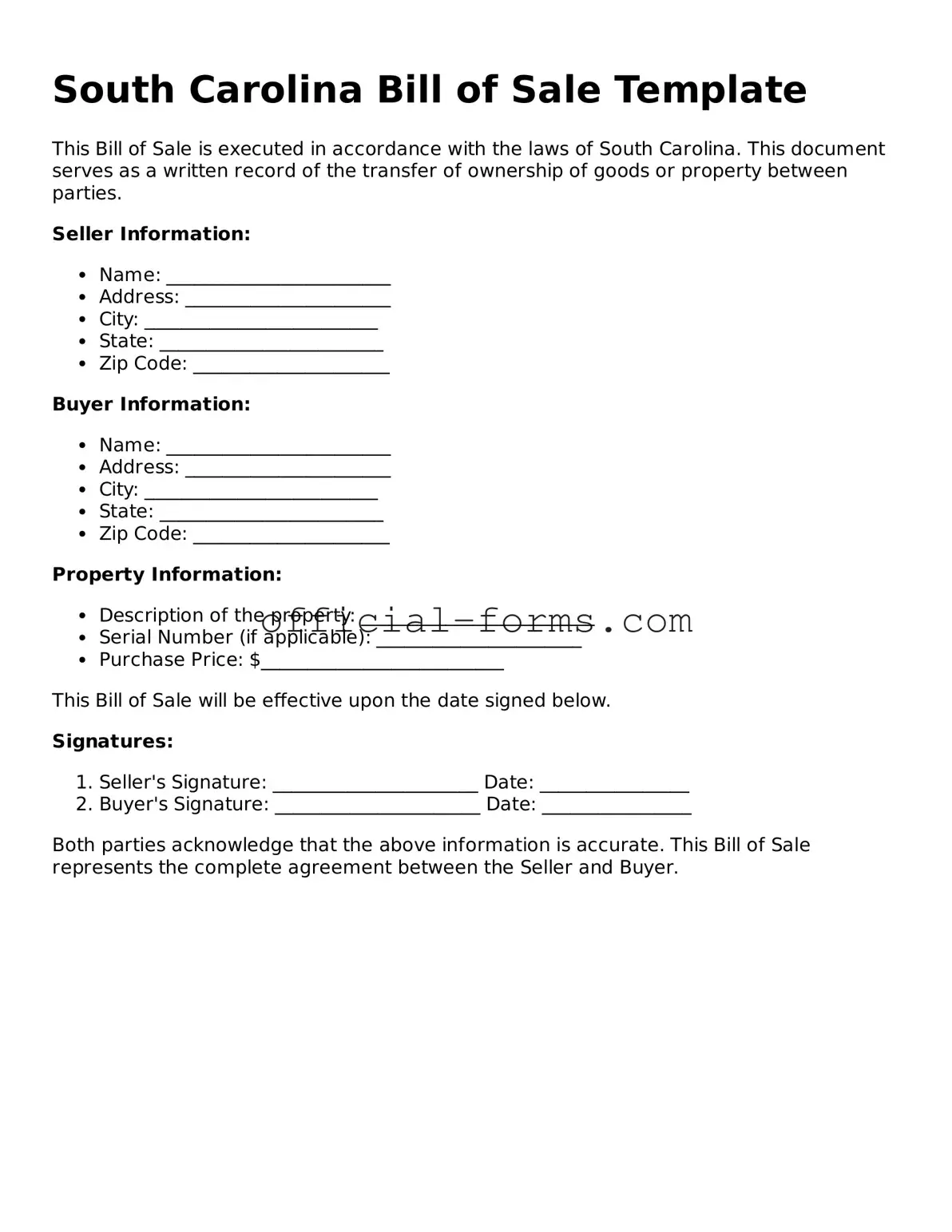 Official South Carolina Bill of Sale Document