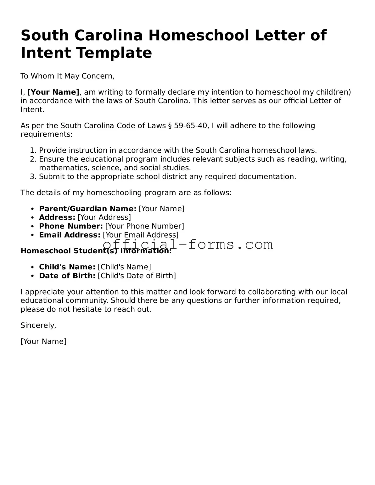 Official South Carolina Homeschool Letter of Intent Document