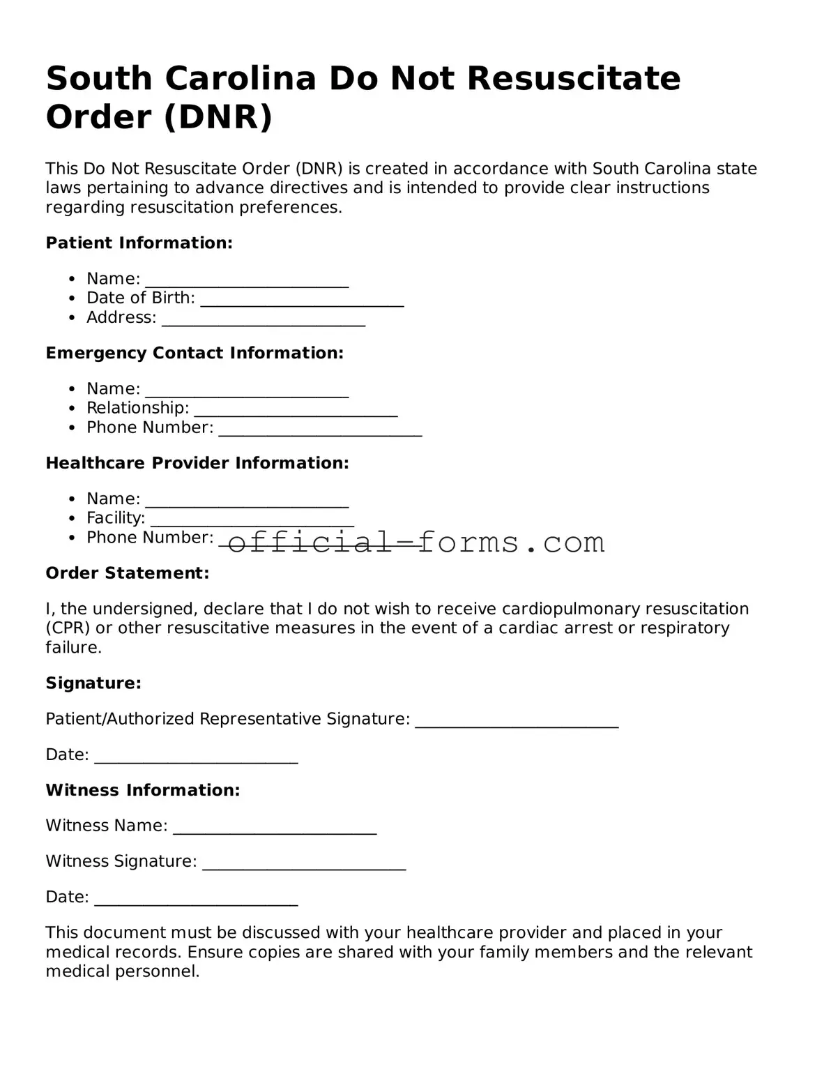 Official South Carolina Do Not Resuscitate Order Document