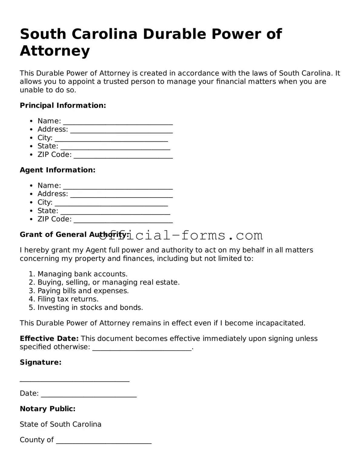 Official South Carolina Durable Power of Attorney Document
