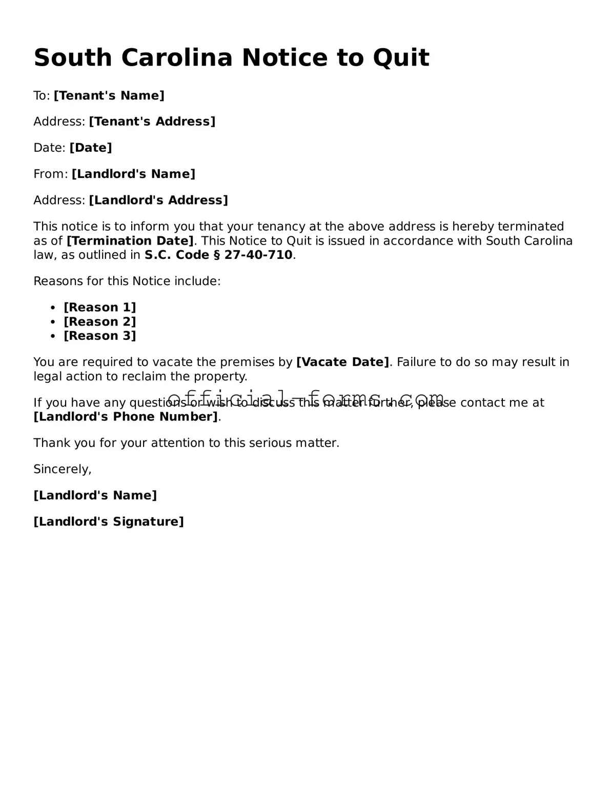 Official South Carolina Notice to Quit Document