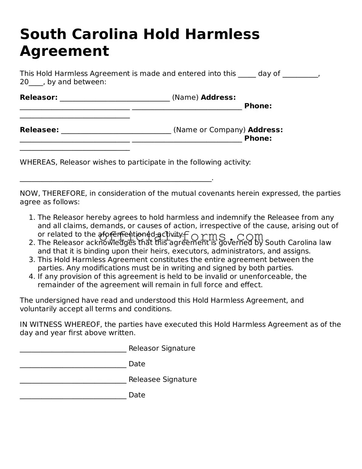 Official South Carolina Hold Harmless Agreement Document