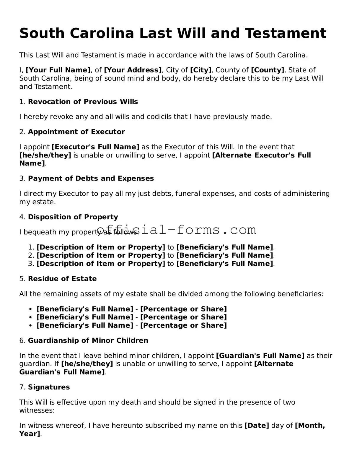 Official South Carolina Last Will and Testament Document