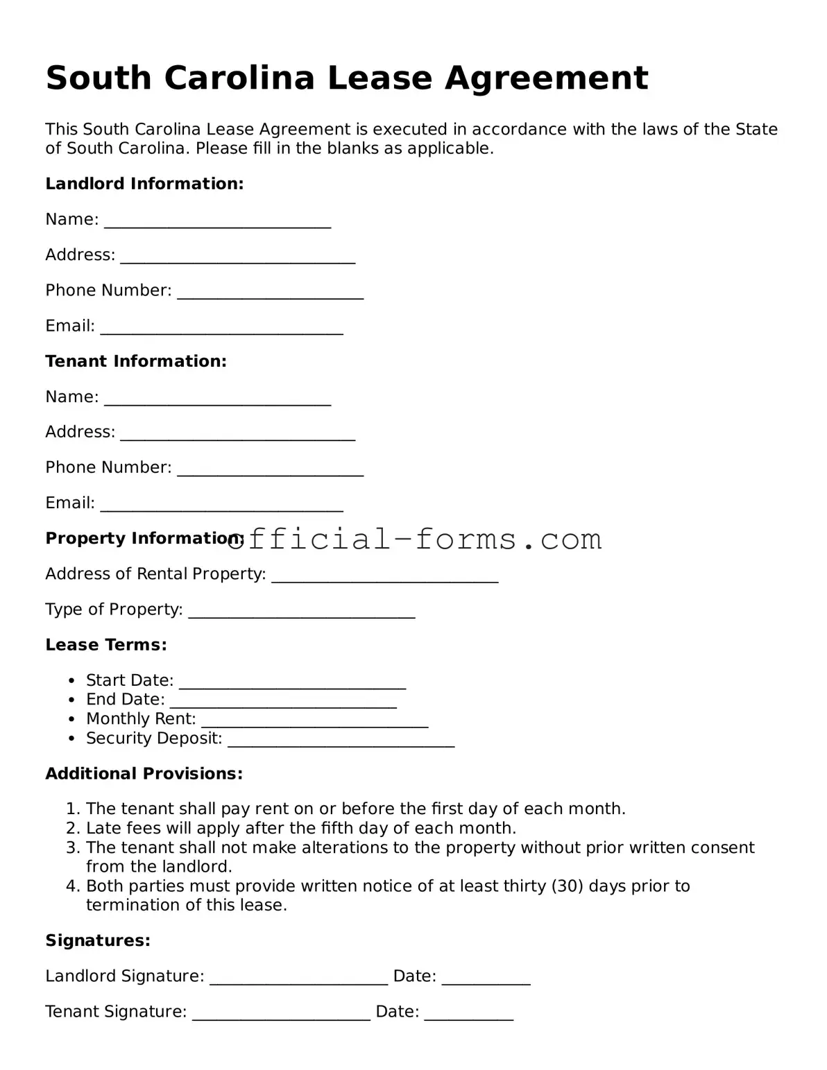 Official South Carolina Lease Agreement Document