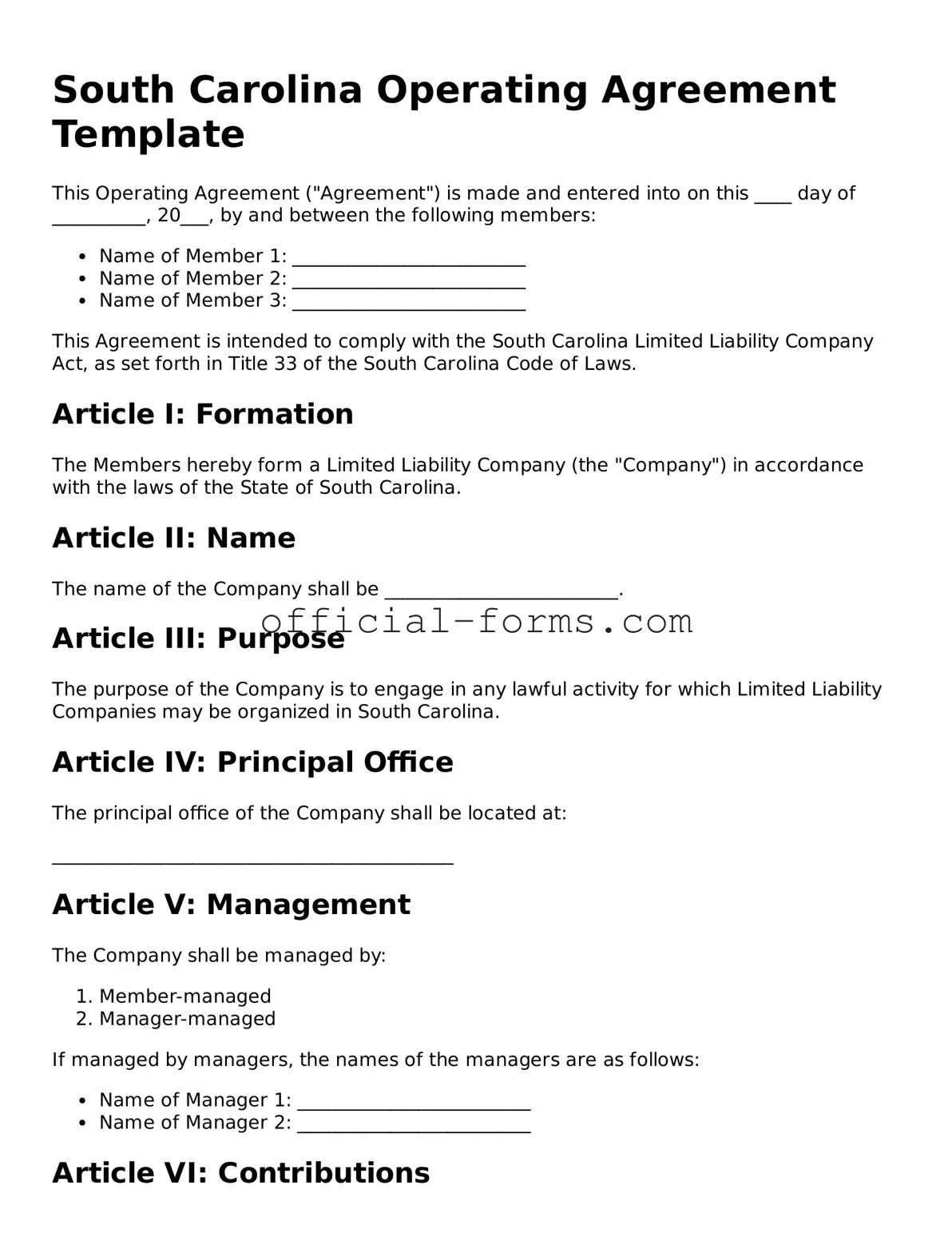 Official South Carolina Operating Agreement Document