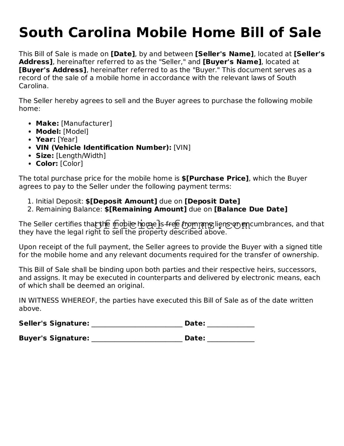 Official South Carolina Mobile Home Bill of Sale Document