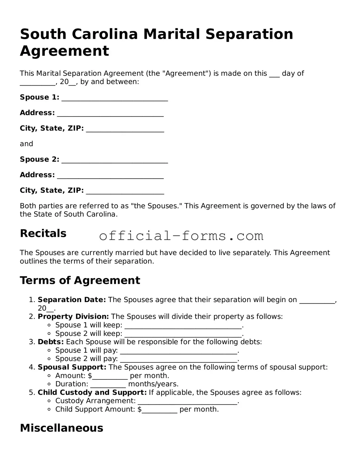 Official South Carolina Marital Separation Agreement Document