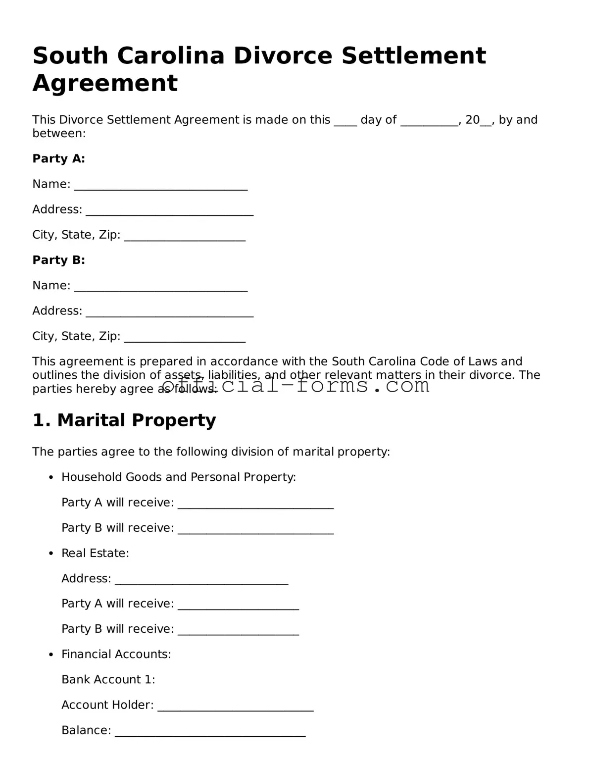 Official South Carolina Divorce Settlement Agreement Document