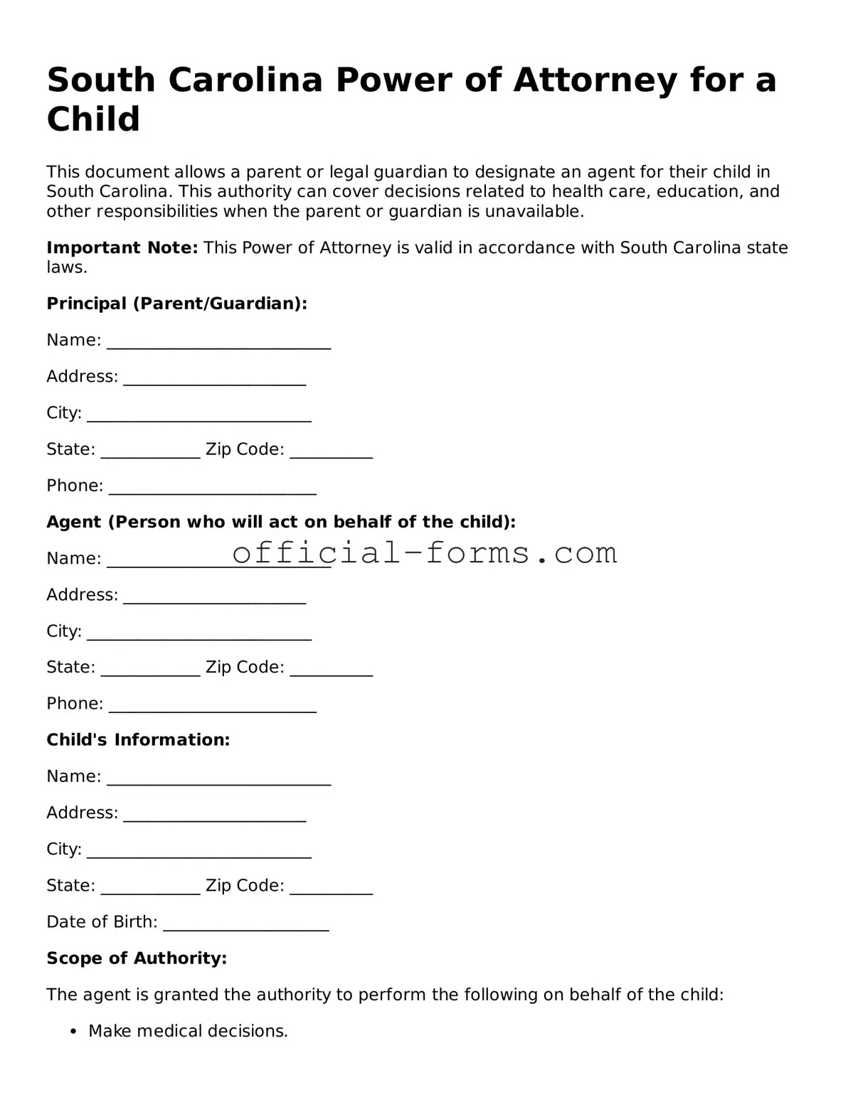Official South Carolina Power of Attorney for a Child Document