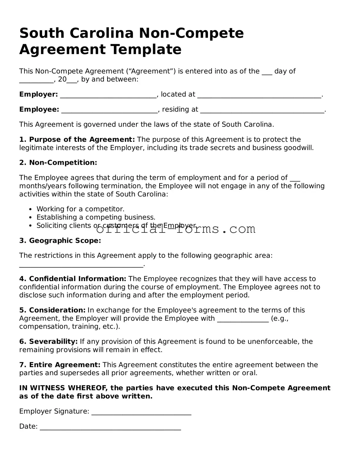 Official South Carolina Non-compete Agreement Document